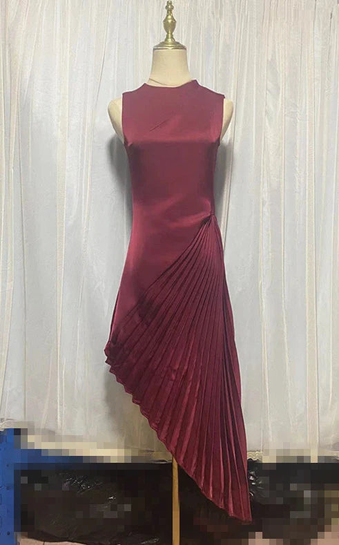 Elegant asymmetric dress with half turtleneck in wine red and milky white colours