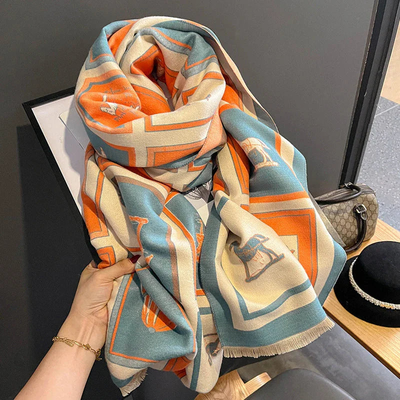 Luxurious artificial cashmere scarf in vibrant colours, perfect for keeping warm or cool with its dual-use design.