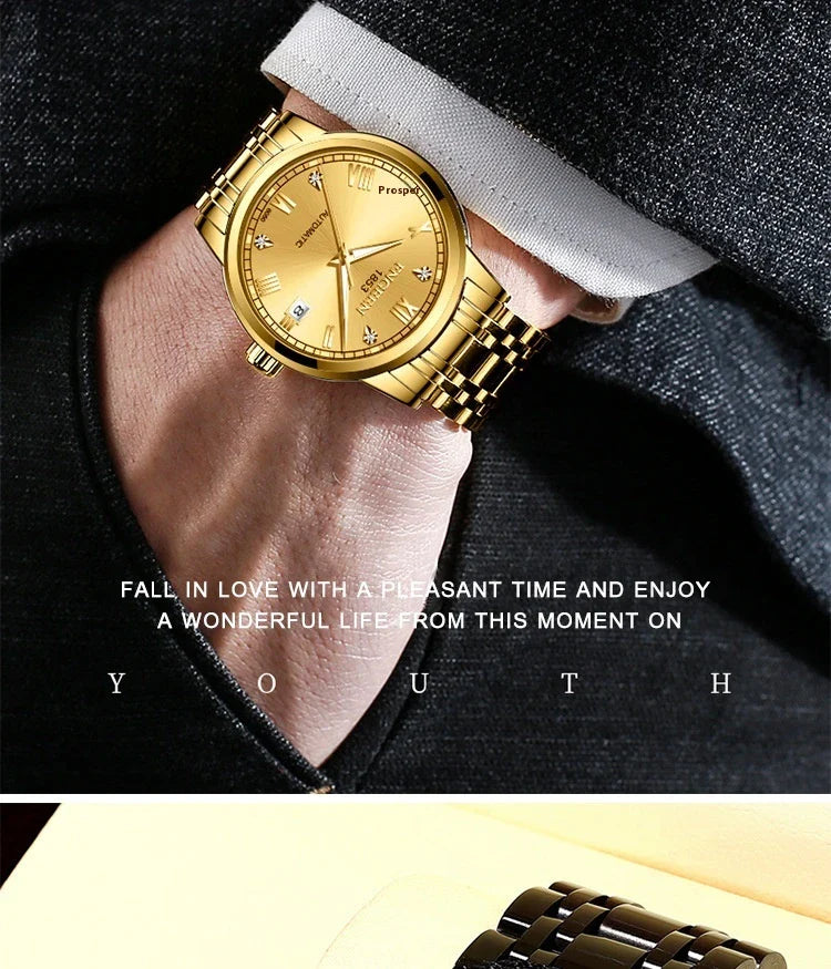 Premium automatic mechanical watch with leather strap, featuring a stainless steel case, luminous hands and markers, and a stylish British-inspired design