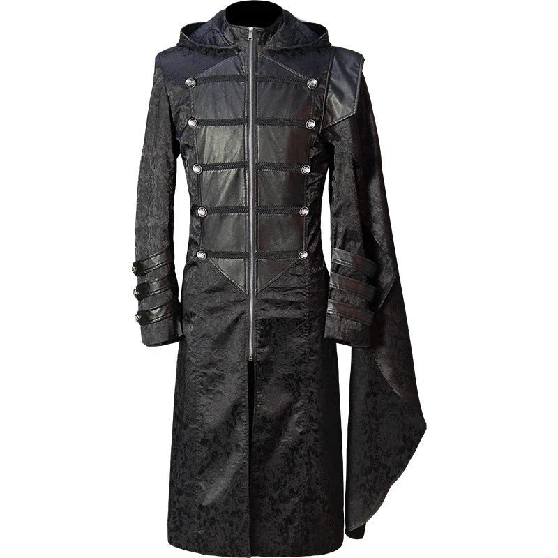 Black stand collar leather gothic cape coat with a flowing, dramatic silhouette