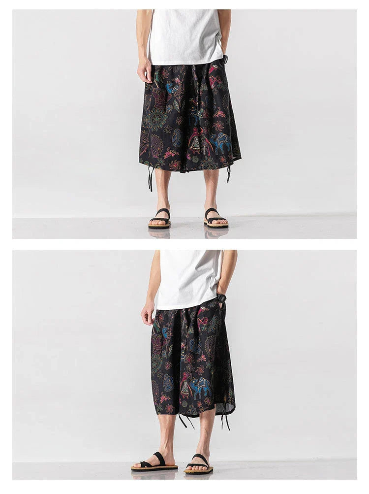 Men's loose-fitting Chinese-inspired cropped pants with a dragon or elephant floral pattern in navy blue, red, or coffee colours