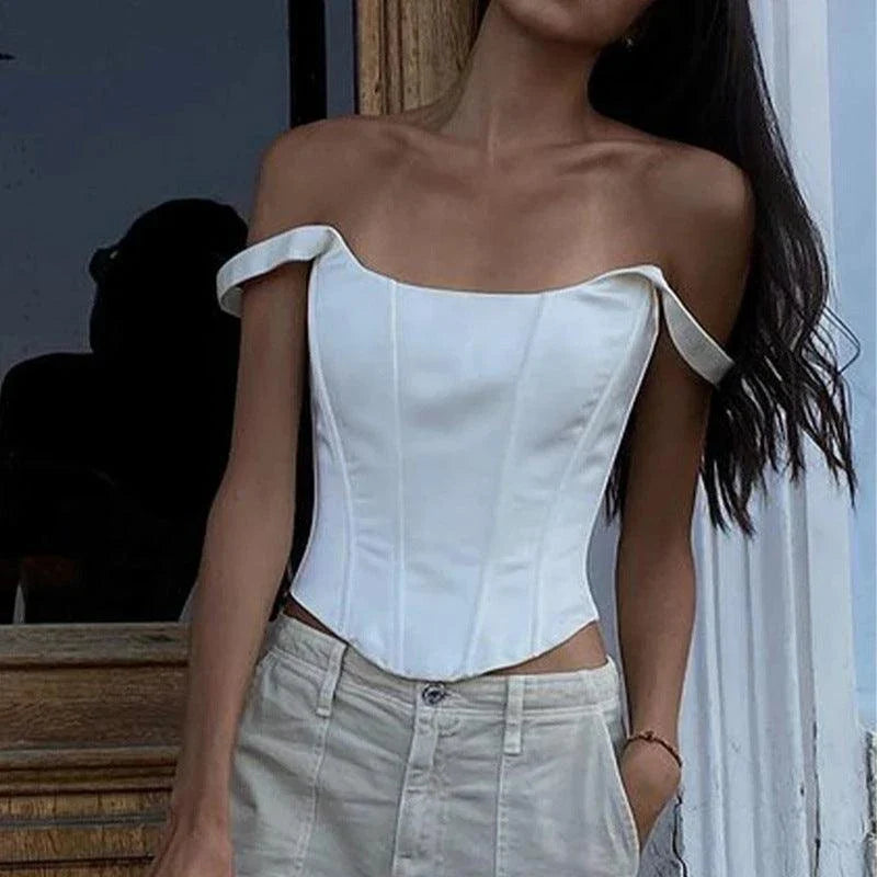 Fishbone Suspender Square Neck Strap Vest Top in white, featuring a sleek shoulder strap design and a figure-flattering silhouette