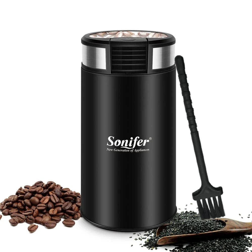 Compact electric stainless steel coffee grinder with sleek design and powerful 200-watt motor for consistent grinding
