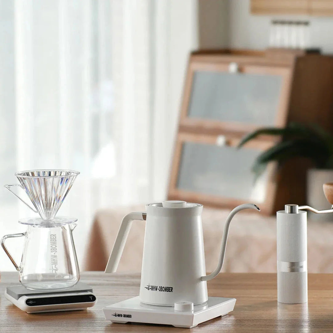A stainless steel electric gooseneck kettle with precise temperature control and an elegant design, perfect for hand-brewing coffee at home.