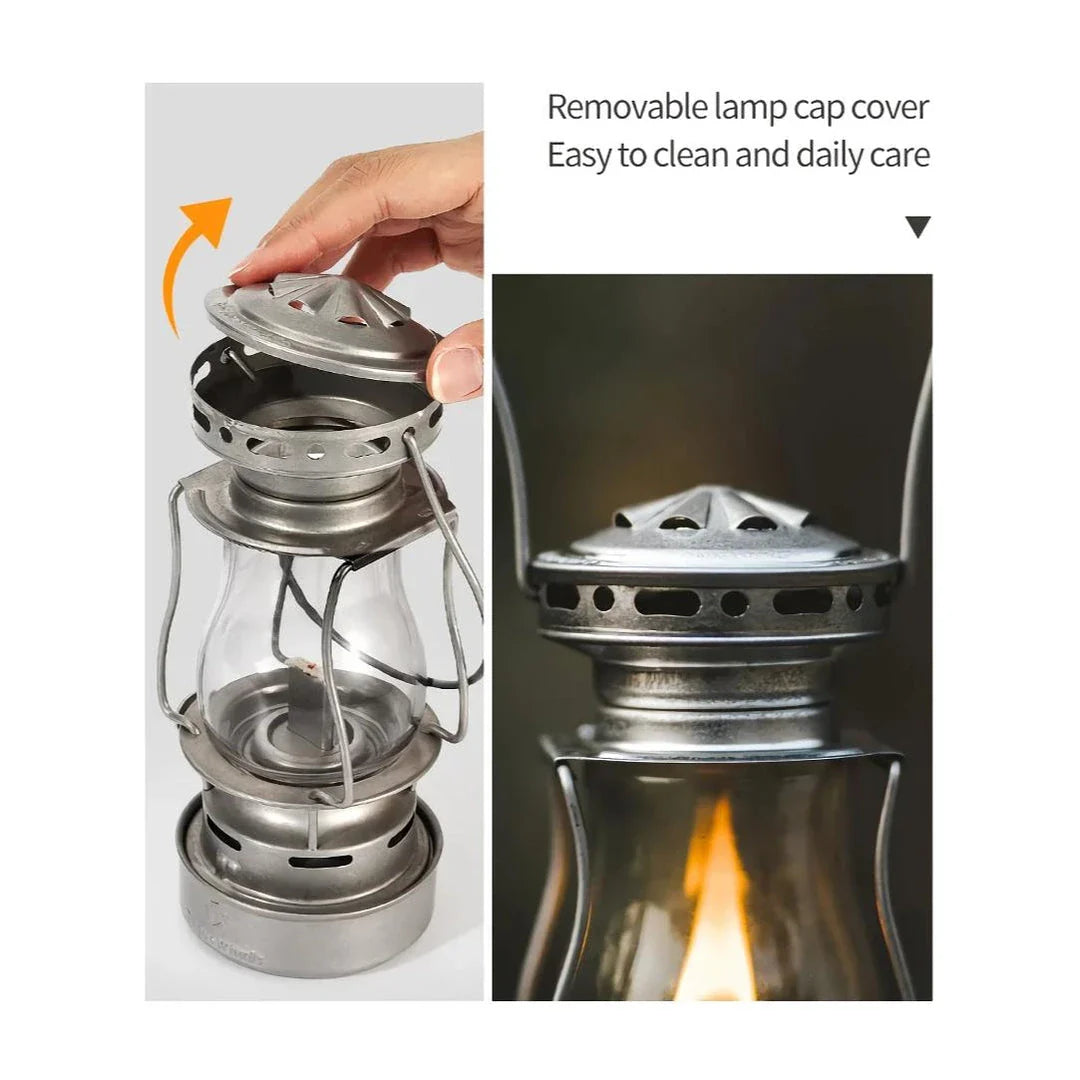 Classic vintage-inspired kerosene camping lamp with stainless steel construction and automatic ignition for reliable outdoor lighting