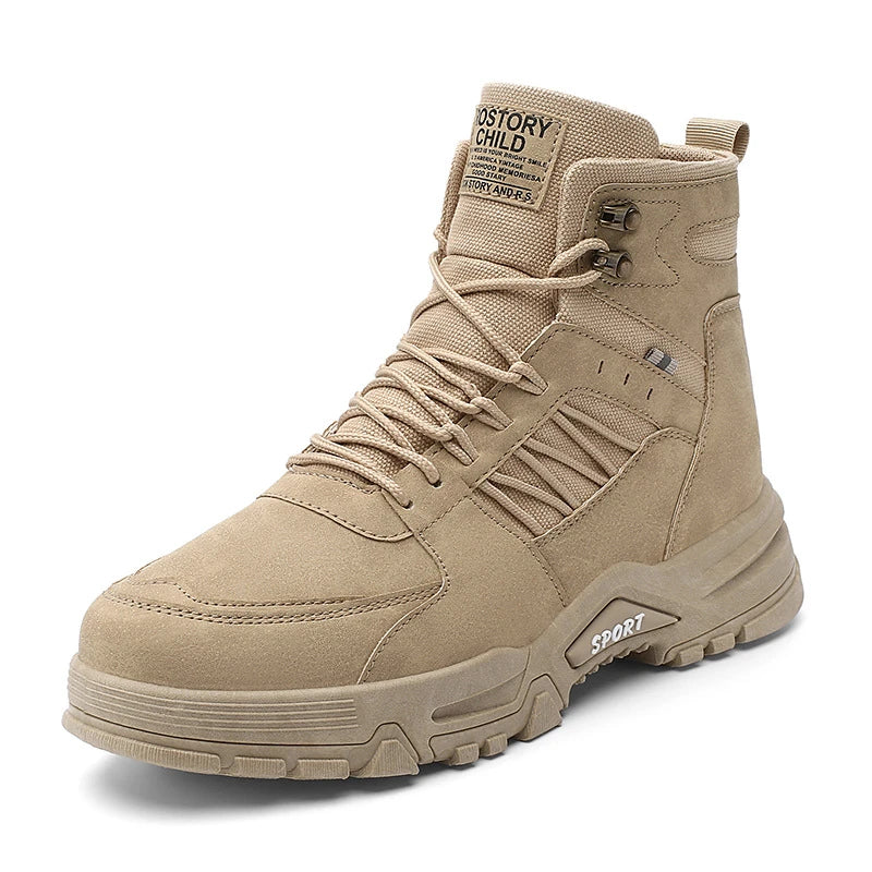 Premium leather work boots for men in black, khaki, and gray colours