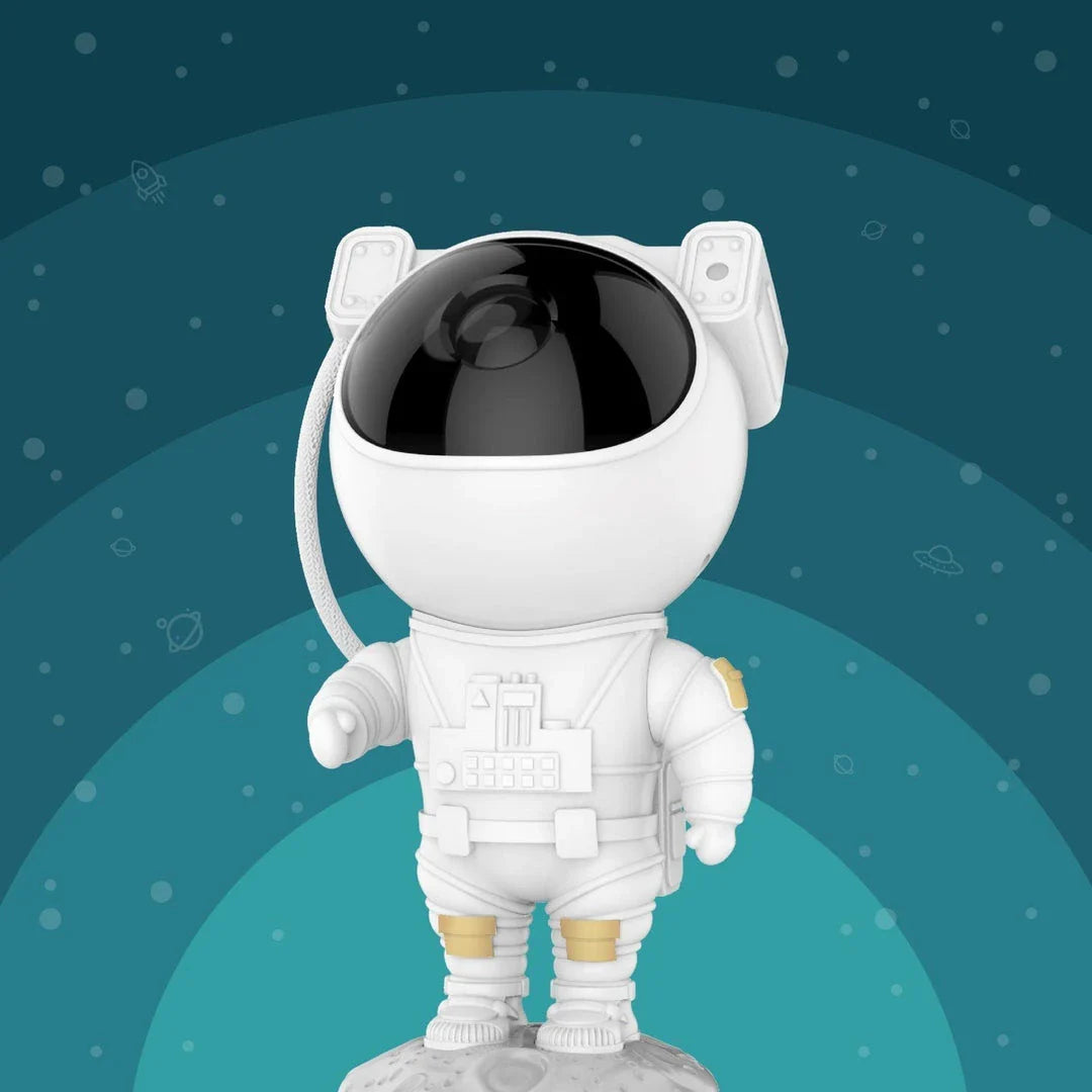 Astronaut-themed star projector lamp with rotating head and customisable features, creating a mesmerising nebula display in any room