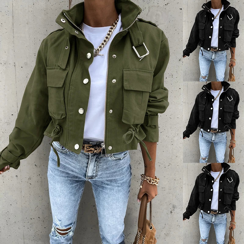 Trendha Polyester Motorcycle Jacket in Black and Army Green, available in sizes S-XL