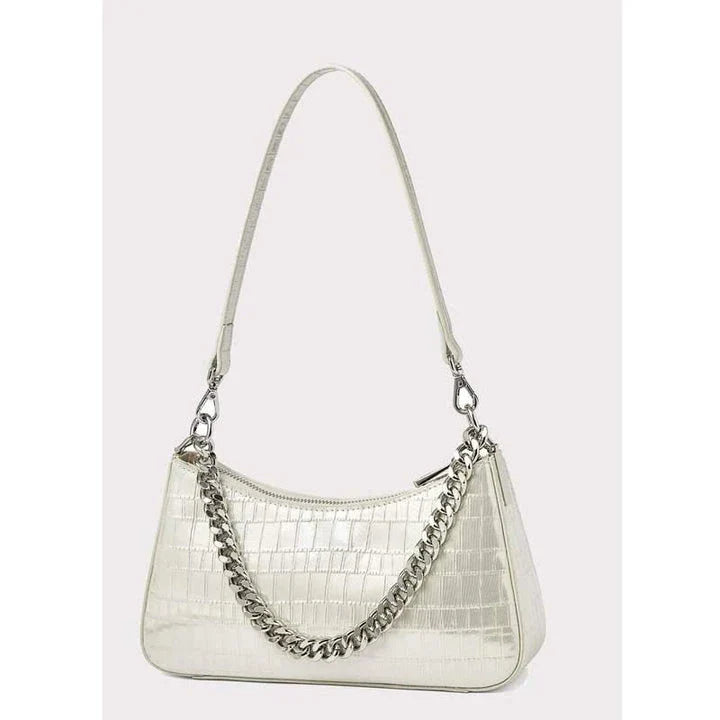 Luxurious alligator-embossed leather shoulder bag with chain accent and stylish lock embellishment