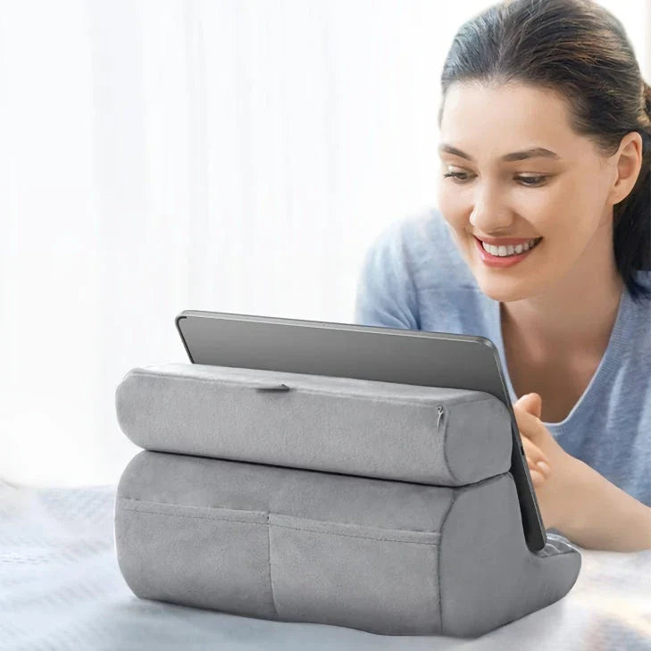 Adjustable tablet and phone stand with foldable, portable design for hands-free viewing on any surface