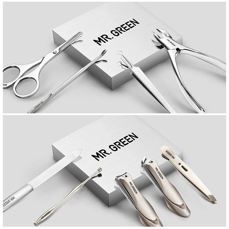 Premium manicure set with surgical-grade stainless steel tools and luxurious leather case
