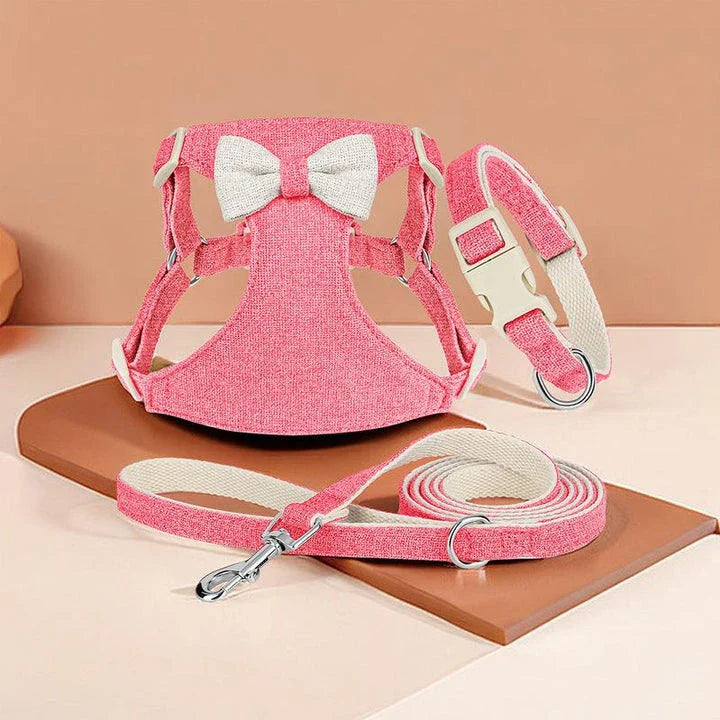 Adjustable bowtie collar, leash, and harness set for small and medium-sized pets in blue, green, pink, and red colours