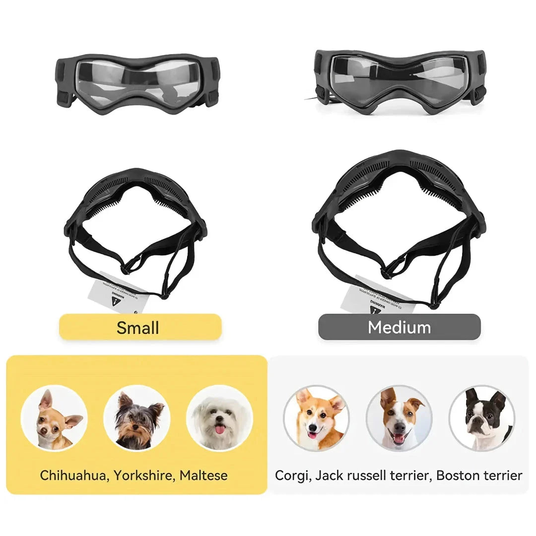 Small orange dog goggles with adjustable elastic straps and UV-blocking polycarbonate lenses