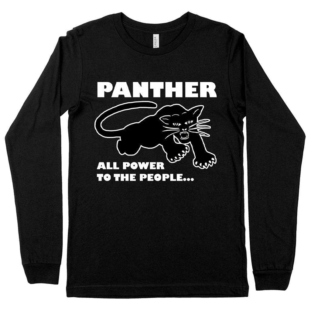 Iconic Black Panther long sleeve t-shirt in white, featuring a bold graphic design and premium, ethically-sourced cotton construction.