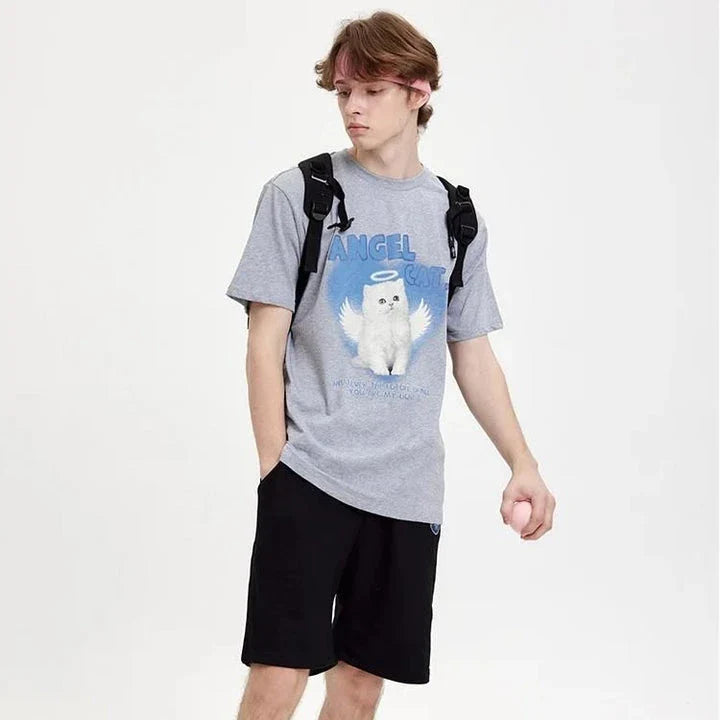 Stylish Angel Cat Graphic Cotton T-Shirt in White, featuring a trendy angel cat print design
