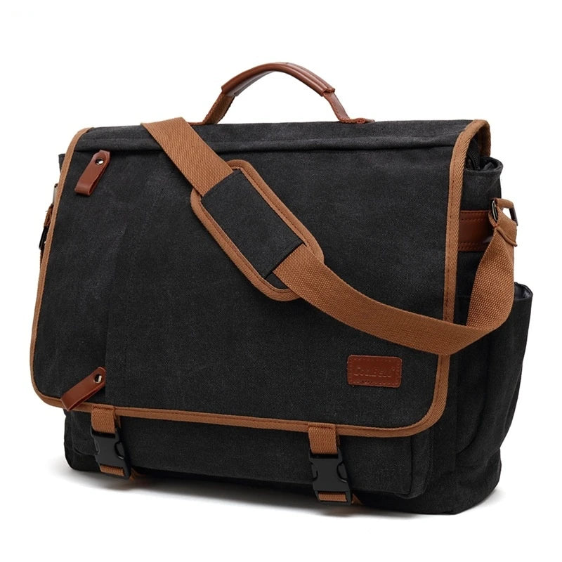 Men's canvas waterproof shoulder bag with 17-inch laptop compartment, durable and weather-resistant design