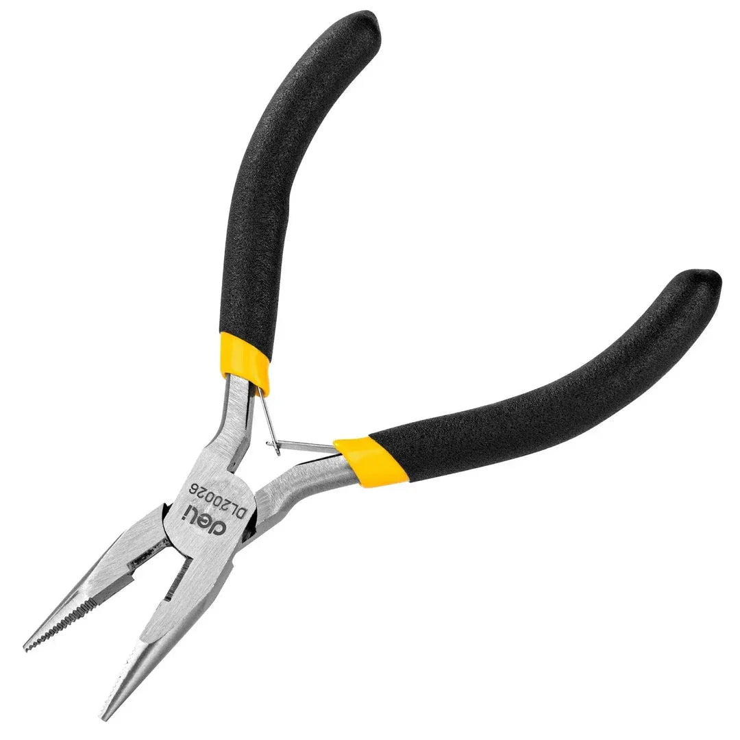 A close-up view of a pair of 5-inch mini long nose pliers with a carbon steel construction and a comfortable plastic handle.