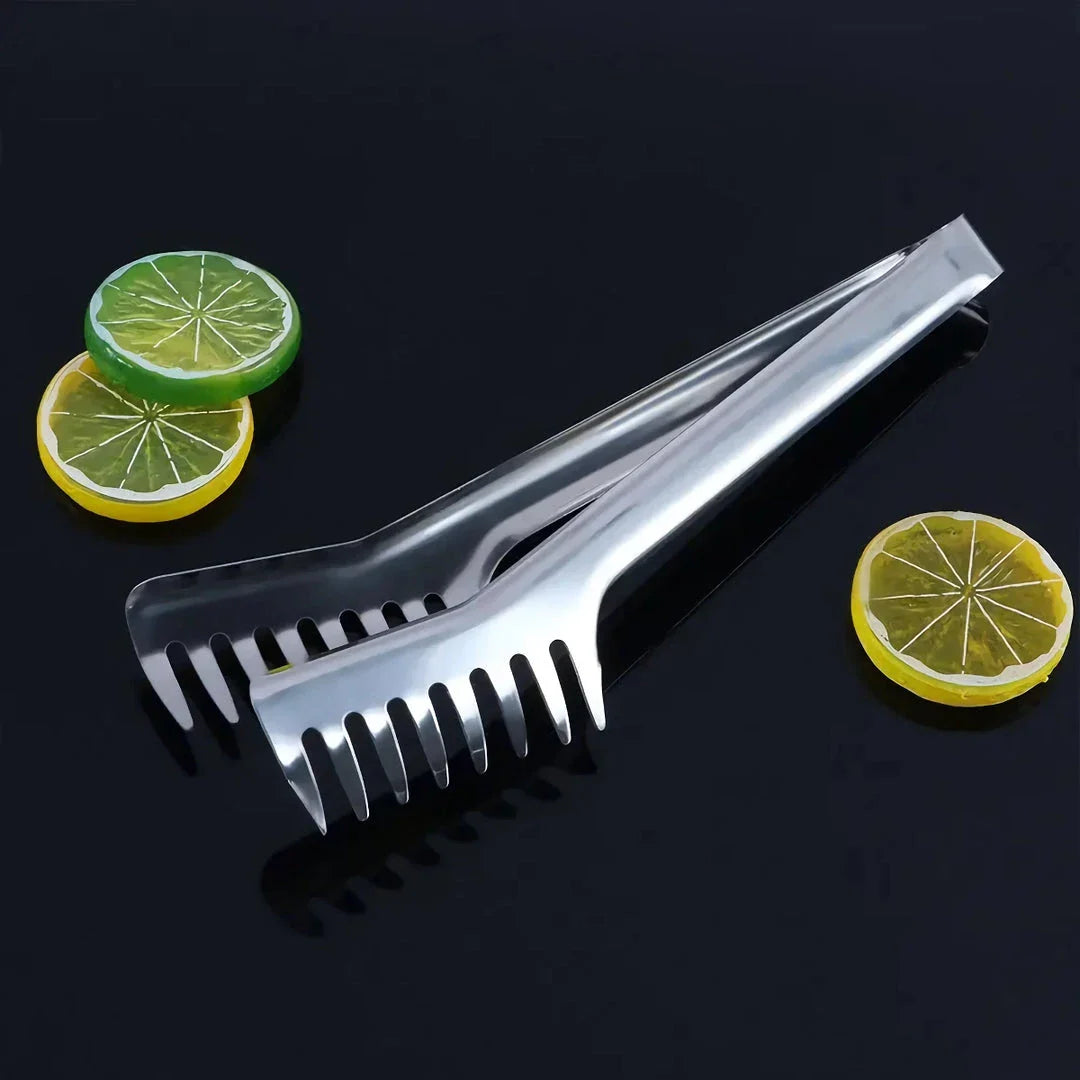 24cm premium stainless steel tongs with thickened wide edge, insertable and releasable design, and independent comb clip for effortless handling of noodles, spaghetti, and irregularly shaped foods