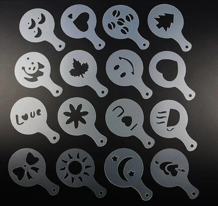 Trendha's premium coffee stencils with 16 unique designs for creating professional-grade latte art and coffee customisation