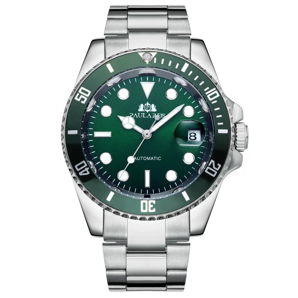 Elegant automatic watch with luminous hands and indices, showcasing British watchmaking excellence