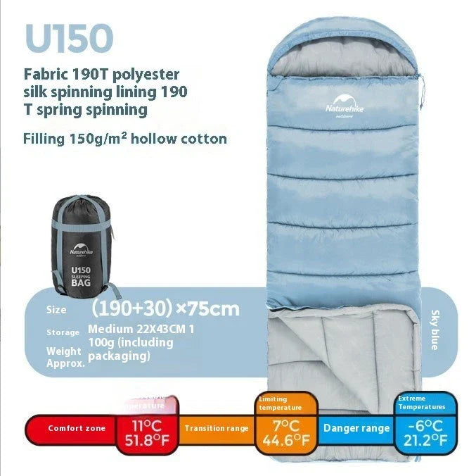 Naturehike Luxury Down-filled Sleeping Bag for Outdoor Camping in Hollow Cotton/Clay Gray, Hollow Cotton/Moxa Leaf Green, and Down Cotton/Sky Blue colours