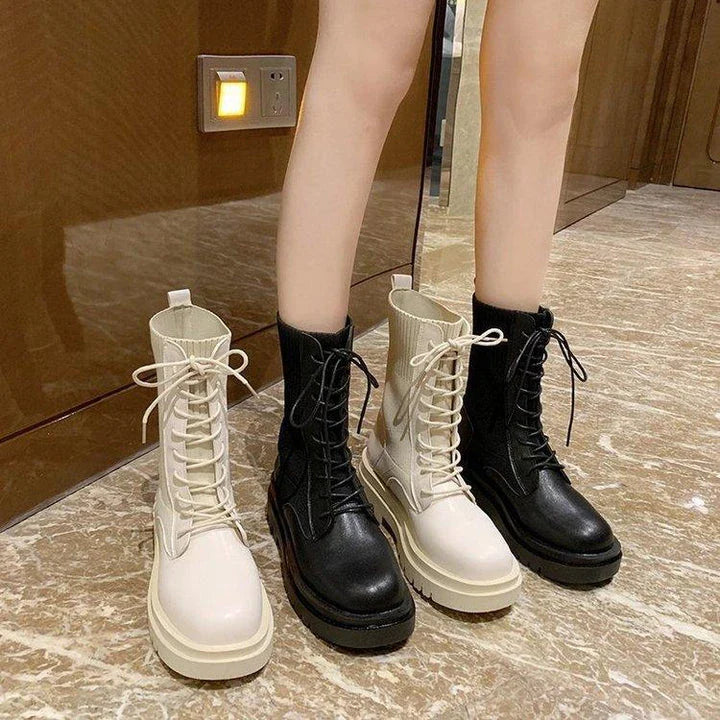 Stylish British-inspired knitted stretch platform ankle boots in various colours