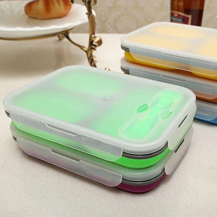 Collapsible silicone lunch box in orange colour, featuring a leakproof design and 1100ml capacity for on-the-go meals.