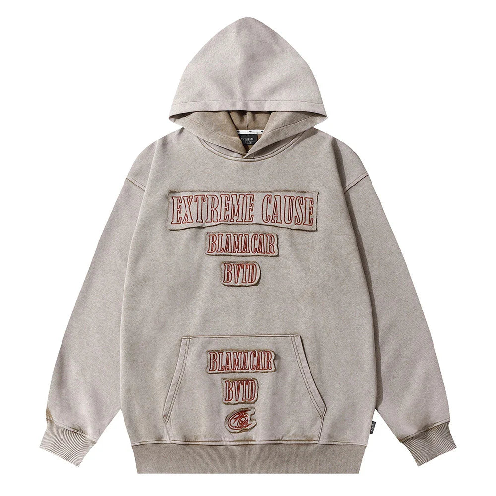Embroidered cotton hoodie with a letter patch design, available in brown, grey, and black colours and sizes S to XL
