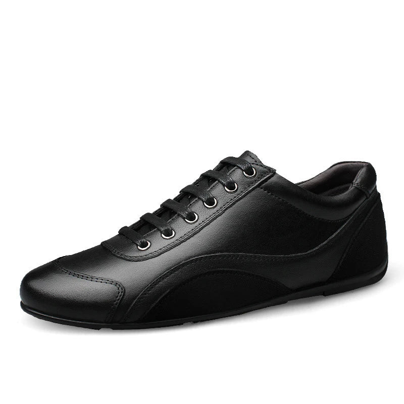 Soft, durable cowhide leather shoes with a rounded toe and car-stitch detailing for a sophisticated business casual look.