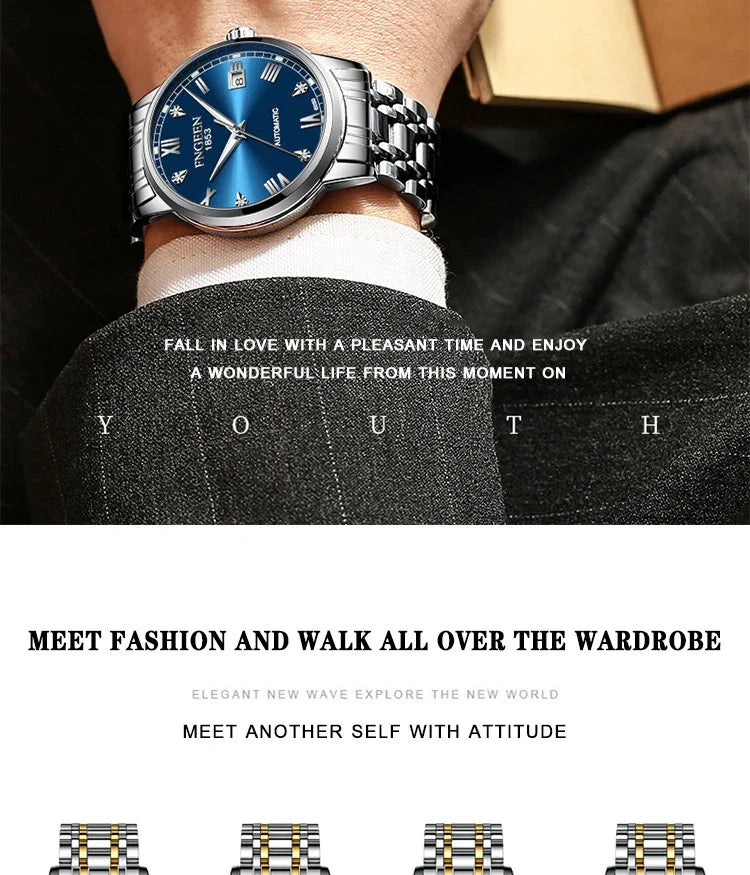 Premium automatic mechanical watch with leather strap, featuring a stainless steel case, luminous hands and markers, and a stylish British-inspired design