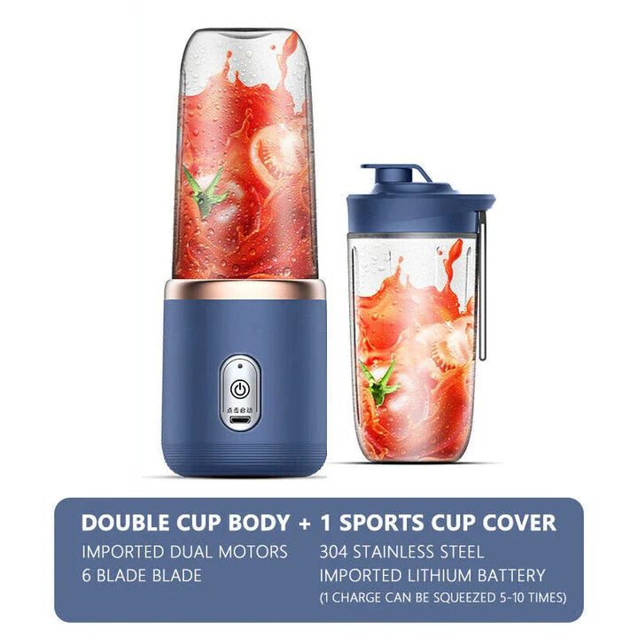 Portable electric juice extractor with a pink lid, designed for on-the-go healthy hydration and wellness