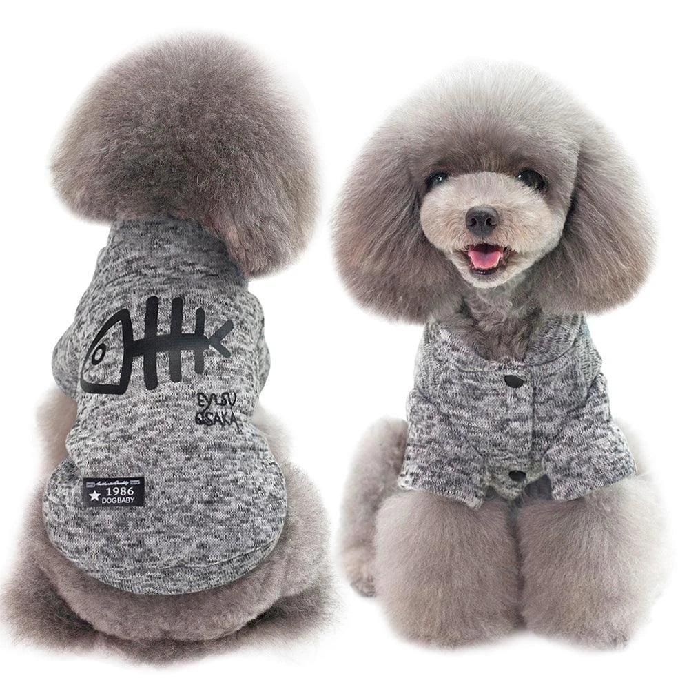 Stylish fish bone printed dog hoodie in gray and blue colours, perfect for keeping small pups warm and cosy in the UK