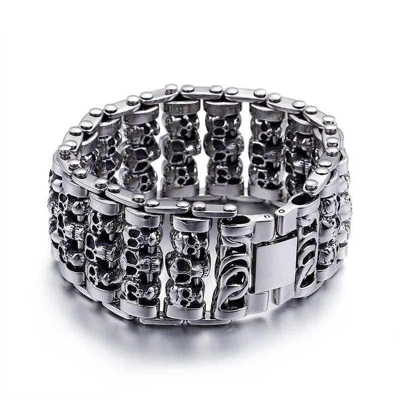 A premium titanium steel skull bracelet, designed for the style-conscious British gentleman with a rebellious spirit.