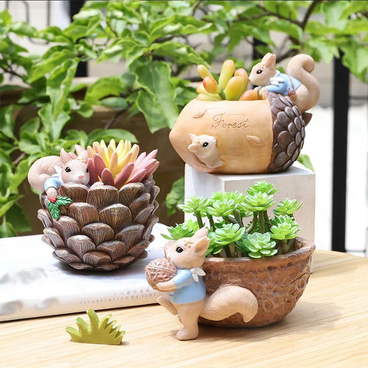 Cartoon squirrel-themed succulent planter in resin material, featuring a drainage hole for healthy plant growth
