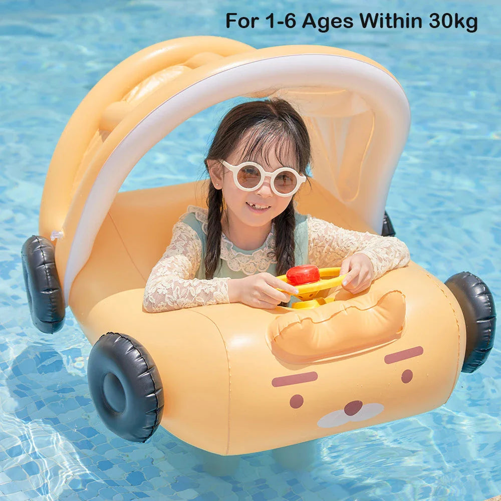 Inflatable car-style swimming seat ring with detachable sunshade for kids aged 1-6 years
