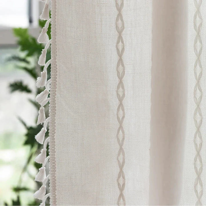 Premium bohemian tassel shower curtain with unique stitching design, waterproof coating, and durable linen blend material for a relaxing bathroom oasis
