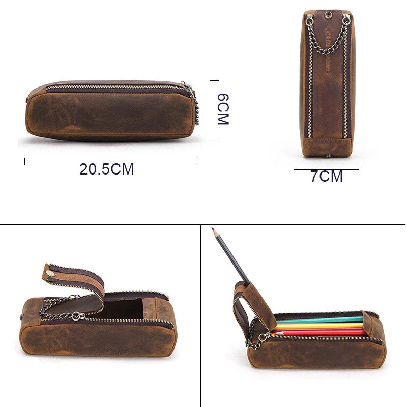 Premium Crazy Horse Leather Double-Zip Portfolio Bag with Sleek Design and Ample Storage Space