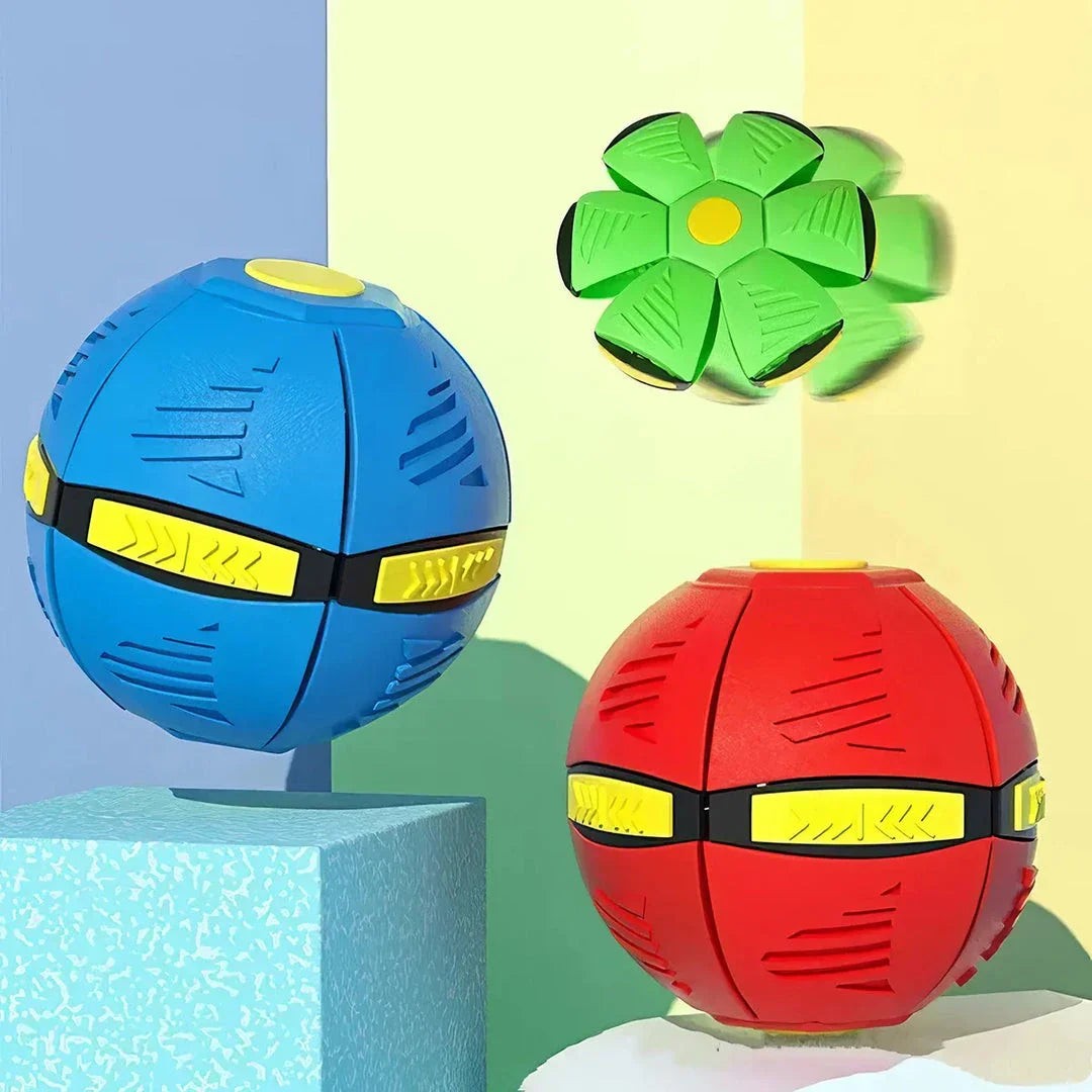 Transforming UFO Ball dog toy in pink, designed for interactive outdoor play and exercise