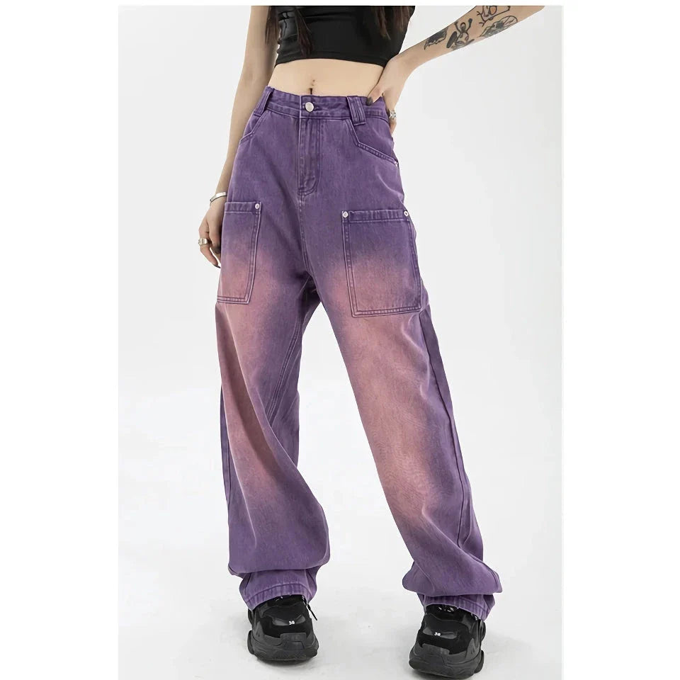 Stylish high-waist purple wide-leg jeans with elegant button details and a premium denim design