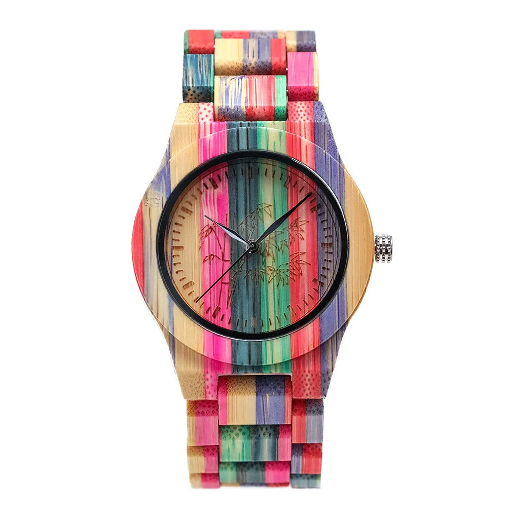 Stylish quartz watch with bamboo wood case and strap in a vibrant colourway