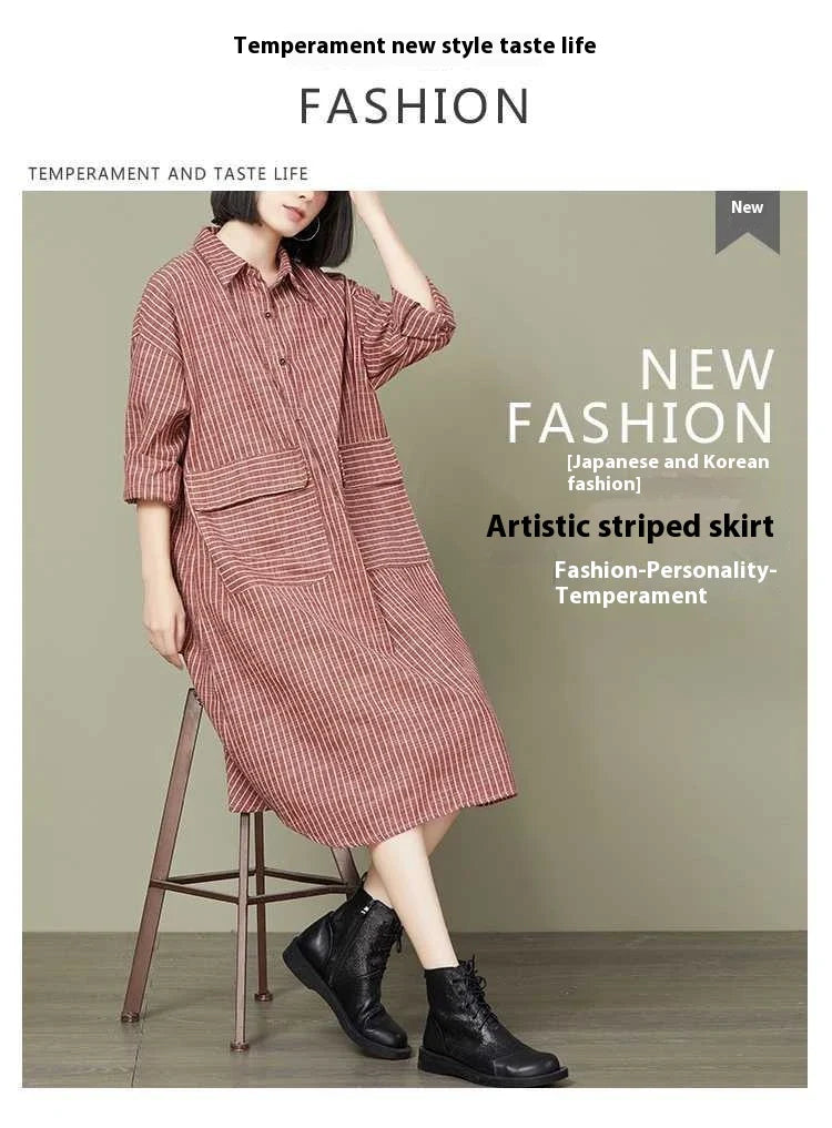 GiftHome UK Stylish Plus-Size Striped Dress with Loose Long Sleeves