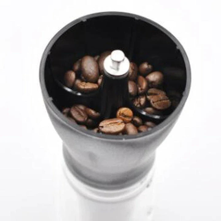 Stylish powder coffee grinder in black and red, with a manual grinding mechanism for consistent and freshly ground coffee.