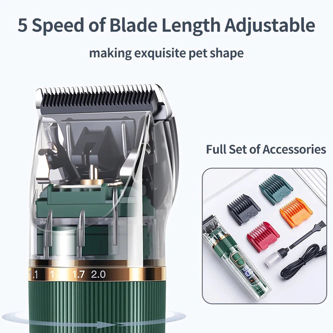 A professional pet hair trimmer with premium stainless steel blades and adjustable settings for customised grooming
