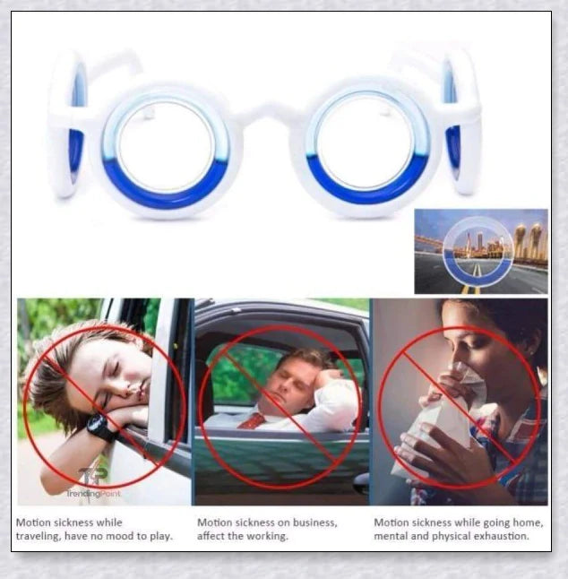 Anti-Motion Sickness Glasses with Boarding Ring technology for relief from nausea, dizziness, and vertigo during travel by car, boat, or plane