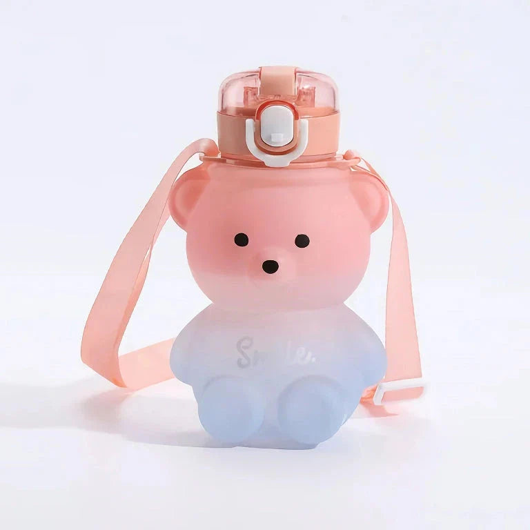 Charming gradient bear-patterned reusable water bottle with straw for convenient hydration on the go