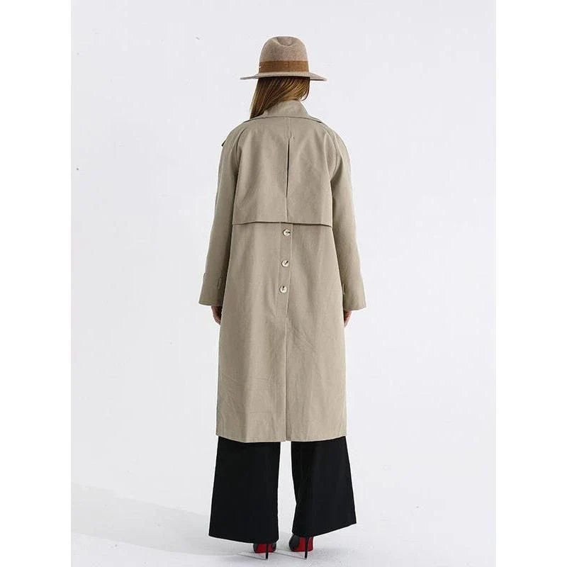 Elegant autumn long trench coat with stand collar and waist bandage in solid pattern and sleek design