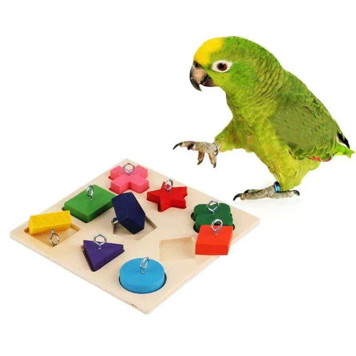 Wooden educational building blocks with colorful bird illustrations, designed to promote learning and creativity in children.