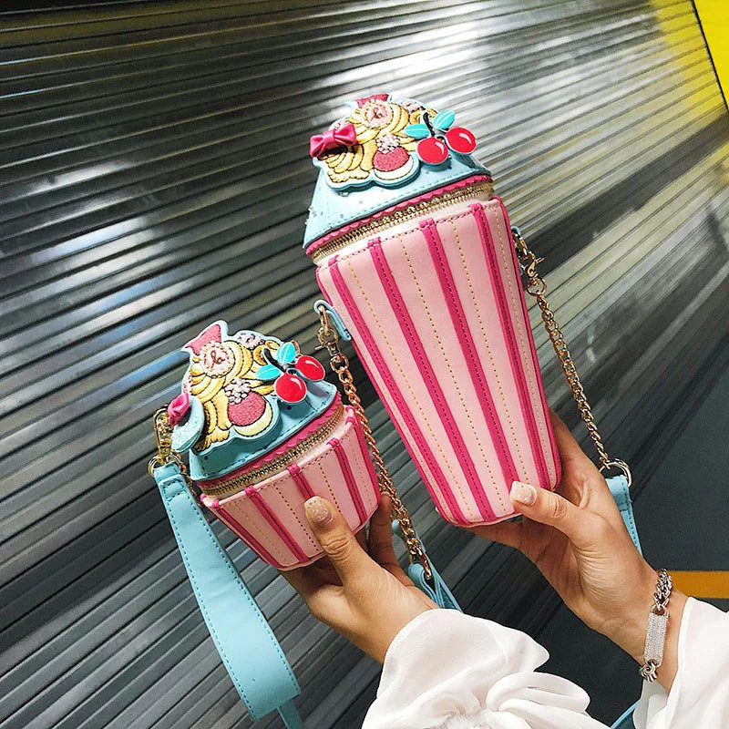 A stylish, ice cream-themed messenger bag with a vibrant print, durable PU leather construction, and a versatile bucket-style design.