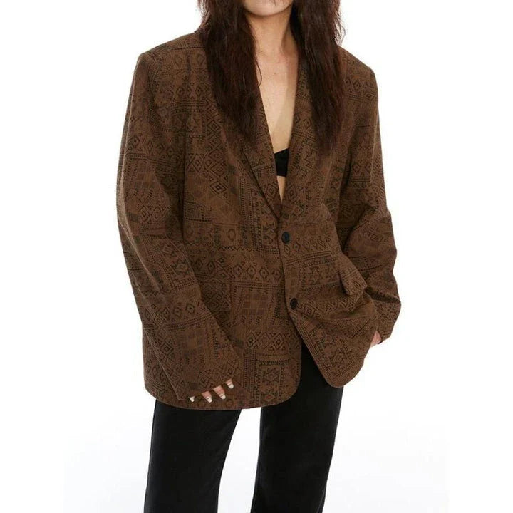 Women's Totem Print Blazer with Long Sleeves and Pockets in Autumn Elegance Design