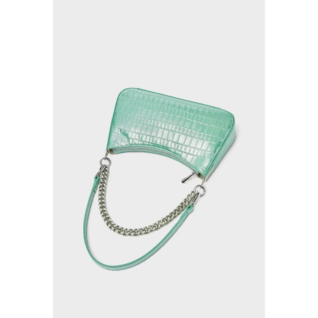 Luxurious alligator-embossed leather shoulder bag with chain accent and stylish lock embellishment